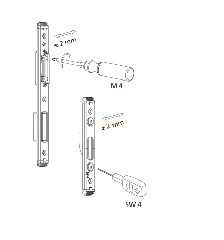 Technische tekening met schroevendraaiers en afstelpunten voor het bijstellen van een driepuntssluiting met een marge van ±2 mm.